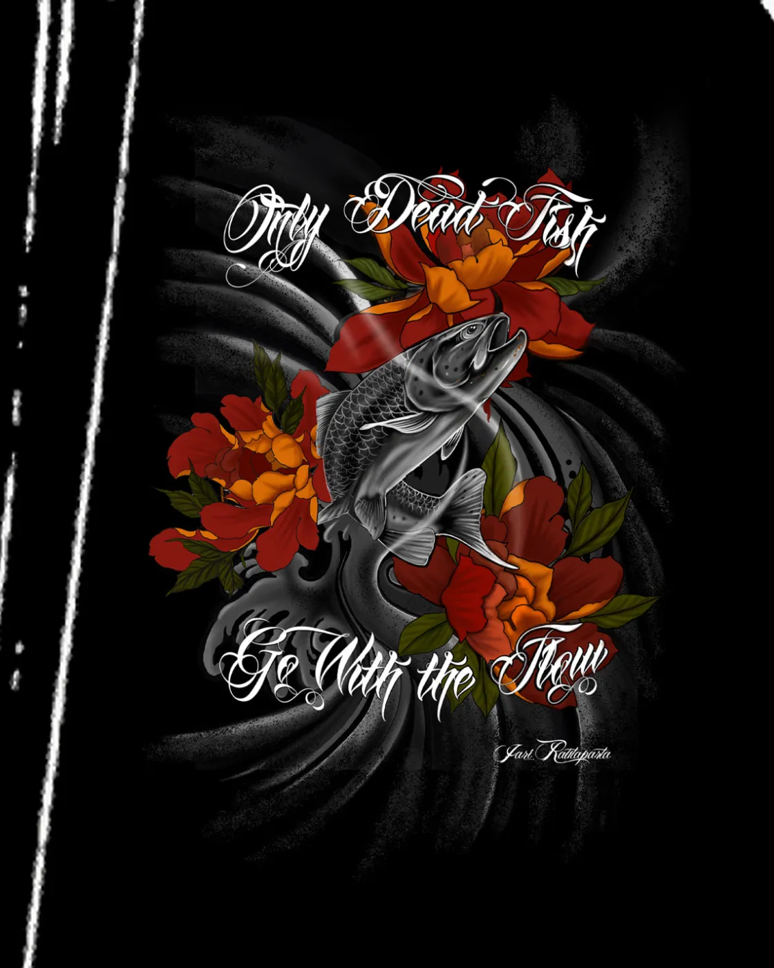 Online Only dead fish go with the flow t-paita - Musta T-Paidat