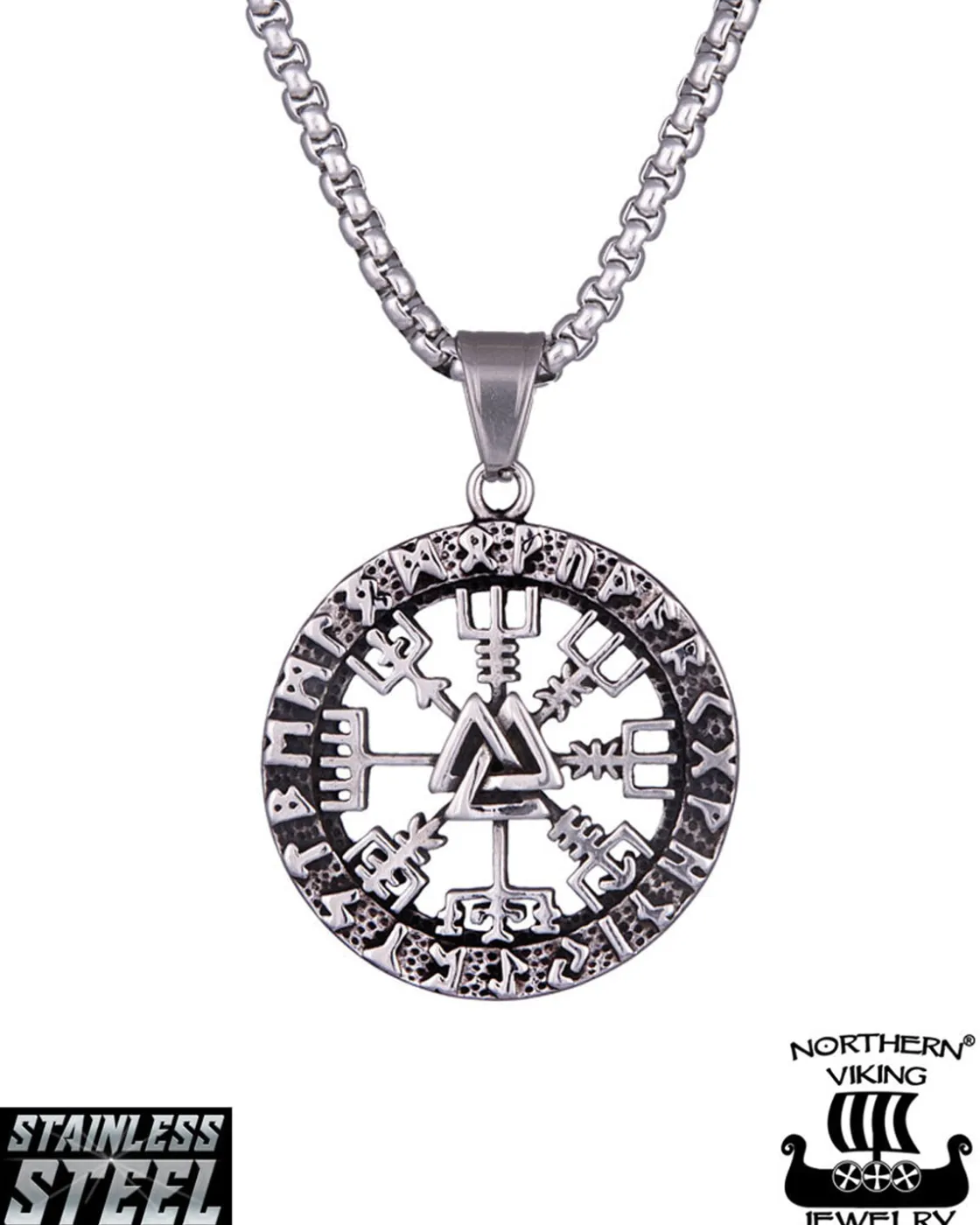 Vegvisir Valknut kaulakoru - Teräs Korut
